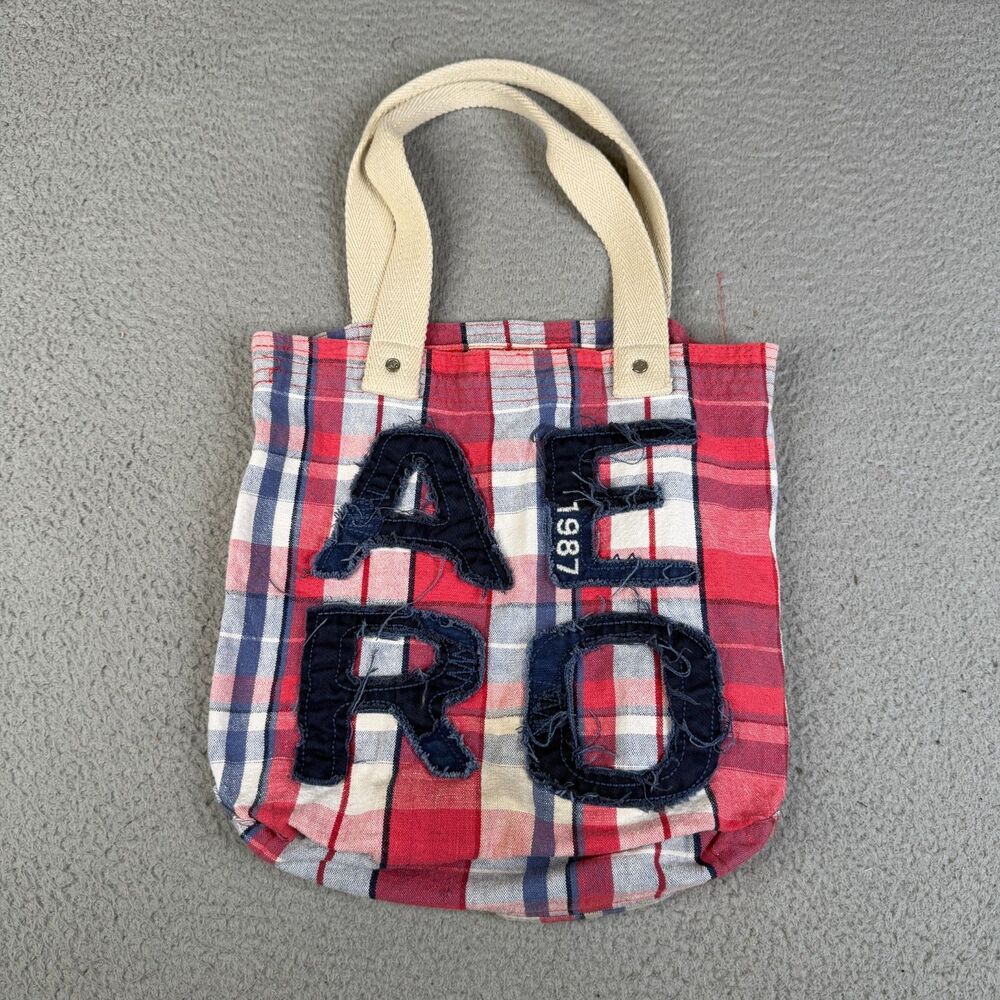 AEROPOSTALE Pink Blue White Plaid Canvas Embroidered Graphic Tote Bag VTG Y2K